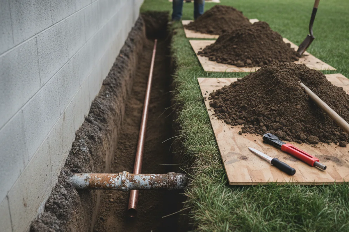 Excavated water line trench during Sewer Line Repair in Augusta